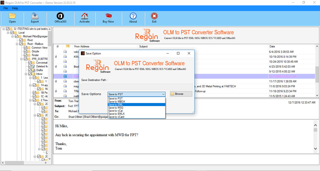 Select the File format to save Converted OLM files