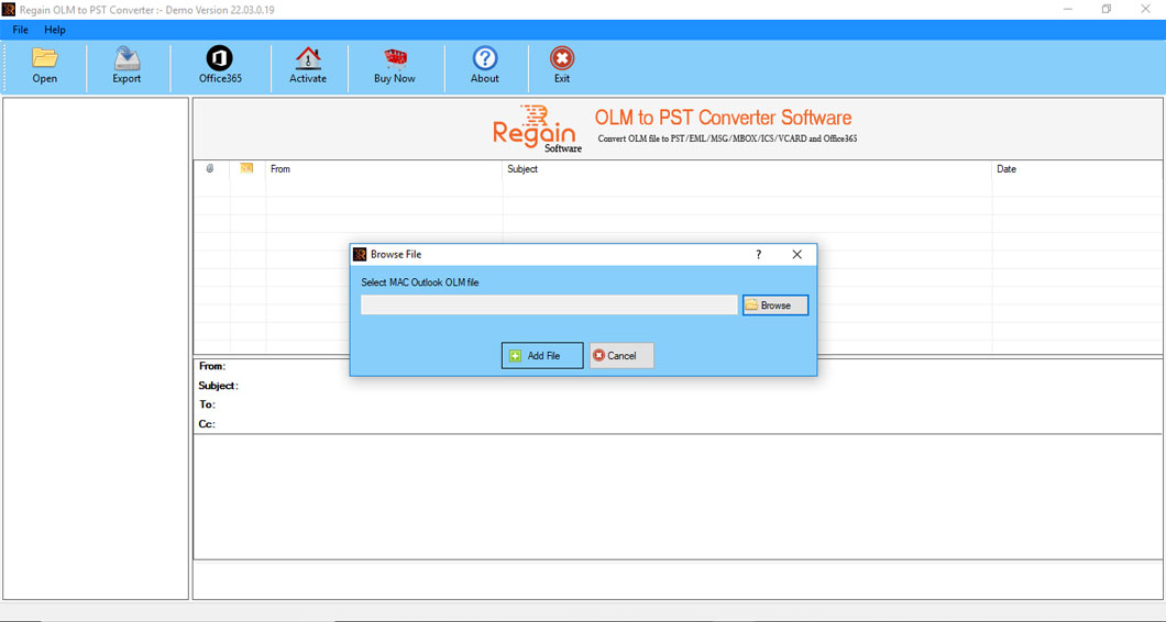 Convert OLM to PST Software - Home Screen
