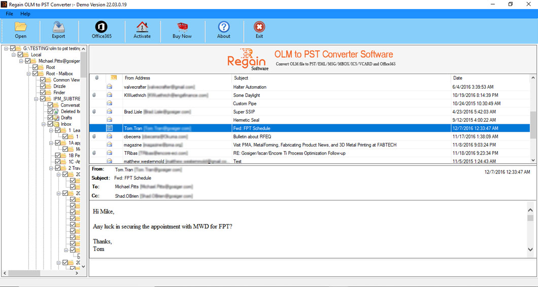 Select the OLM files in preview panel to save into PST format
