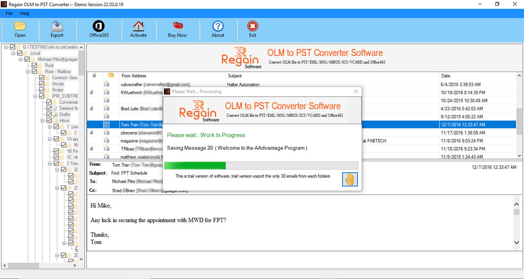 Saving process of OLM to PST Conversion start