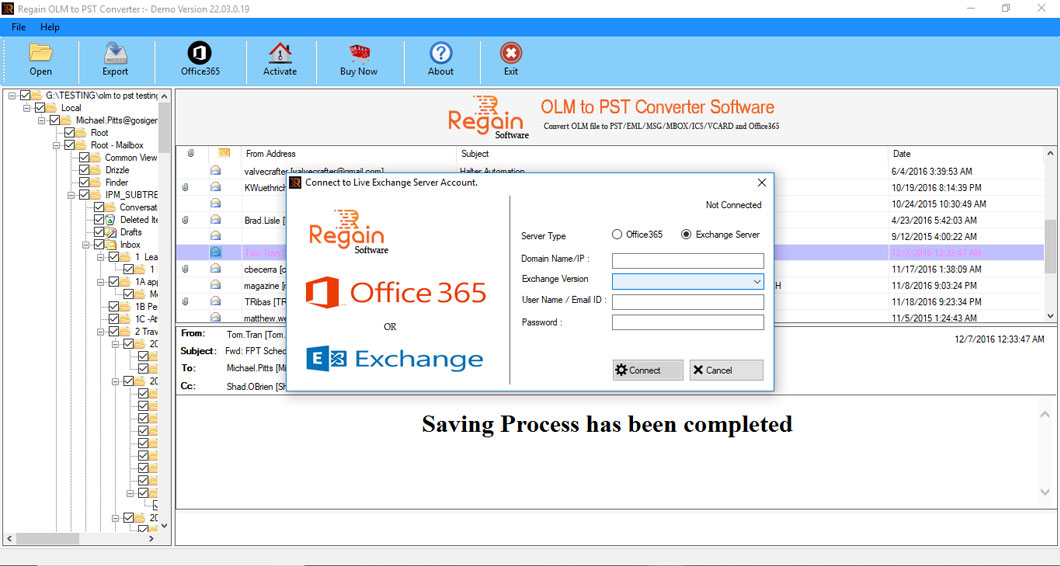Allow user to migrate OLM file to Live Exchange Server